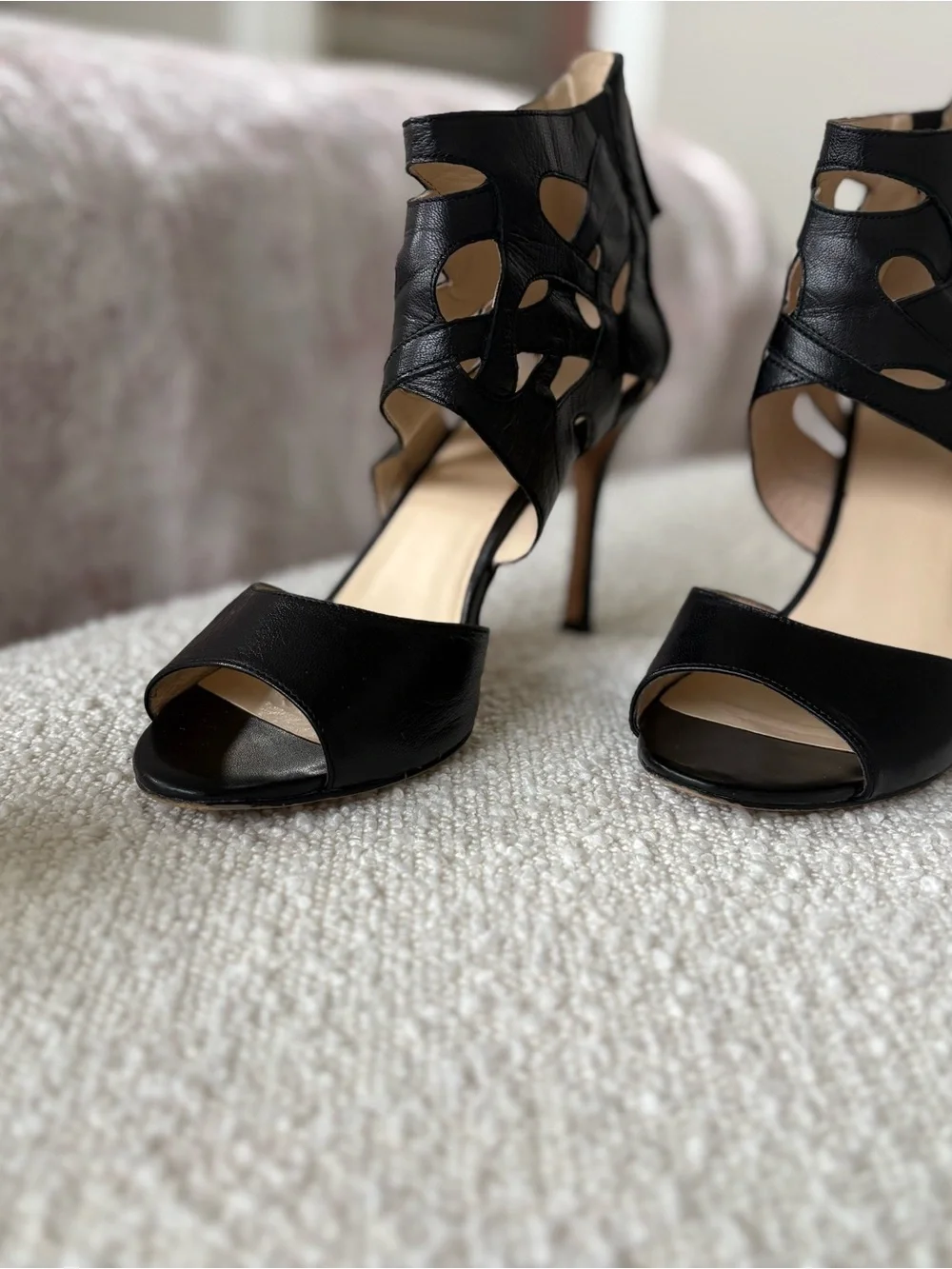 Nine West Black Leather Cutout Peep-Toe High Heels